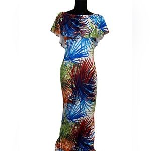 White Raindbow Tropical Leaf Off Shoulder Maxi Dress (M) [polyester,spandex]